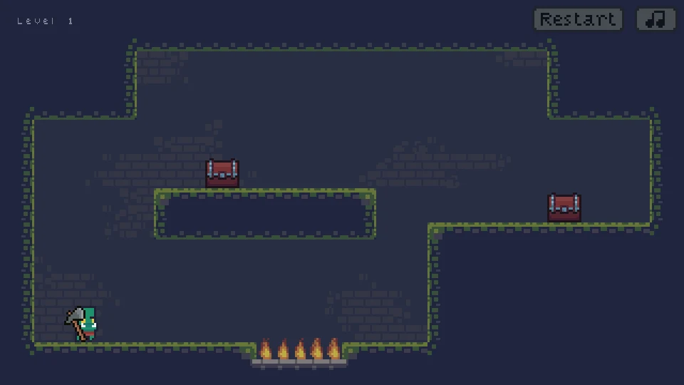 Two closed chests above the orc and a flame trench