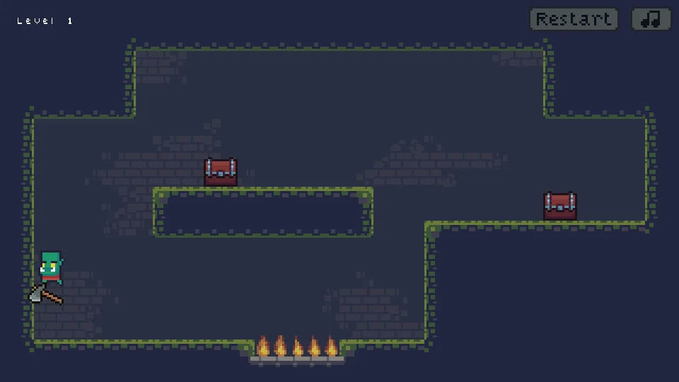 Axe lodged in the left wall while the orc rises beside it