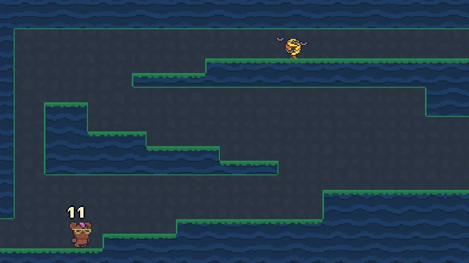 Bear and bee among blue cave platforms
