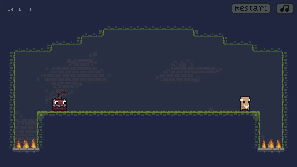 Living chest and a human target on a long platform above edge flames