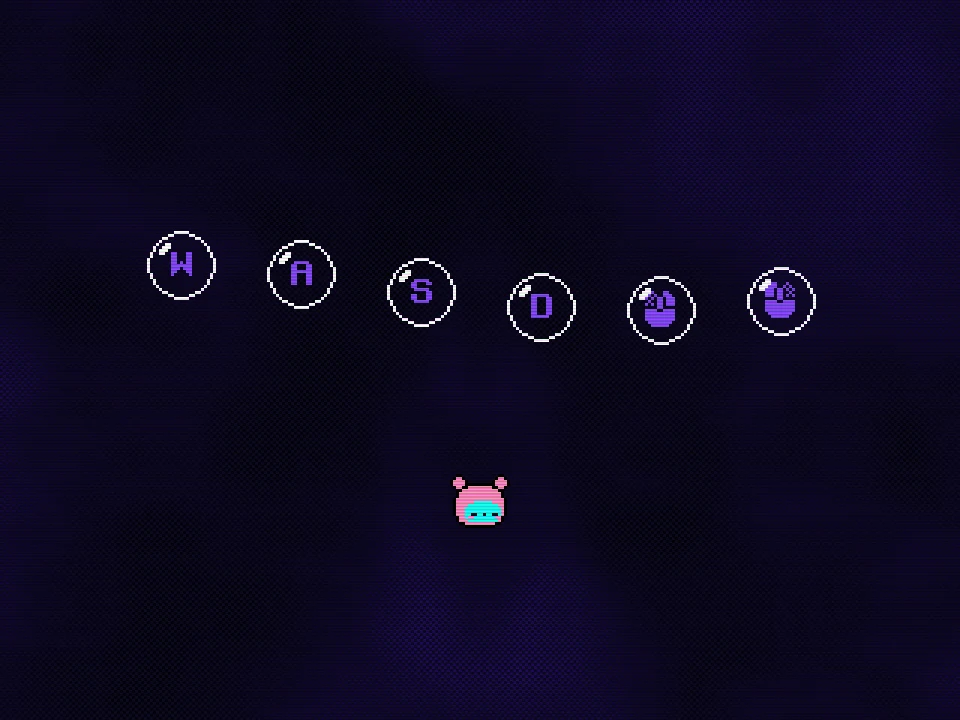 Interactive WASD and mouse-button prompts above the small creature