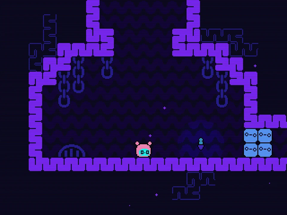 Small creature beside a blue stack in a purple cavern
