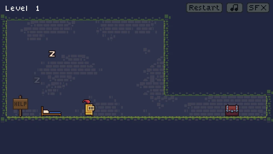 Awake knight walking right while the bed remains behind