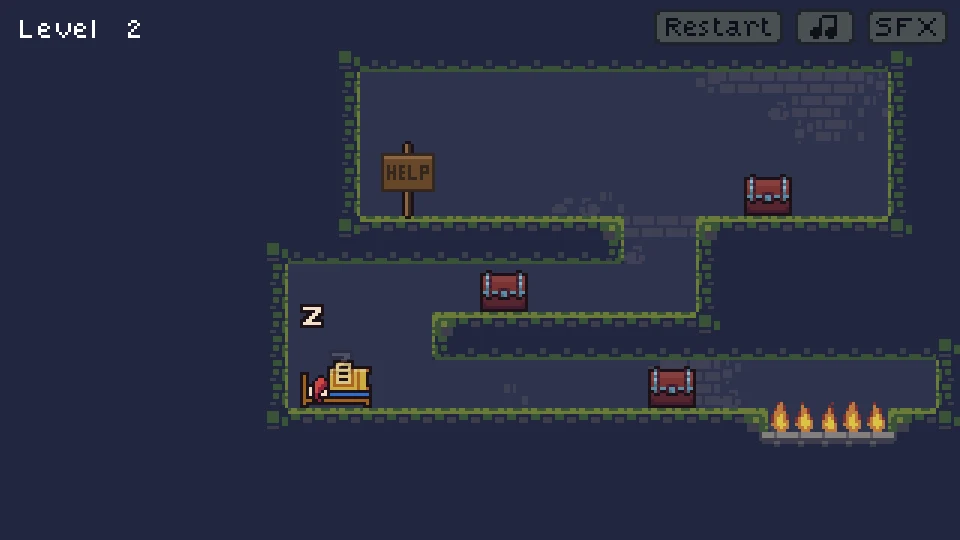 Sleeping knight in the second room with chests on three levels