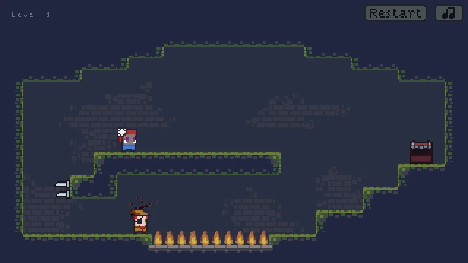 Orange sorcerer below a blue ogre and an open chest on the right